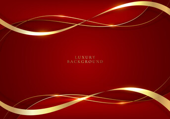 Wall Mural - Elegant 3D abstract golden ribbon and wave lines on red background