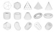 A set of geometric shapes from a wireframe. A collection of miscellaneous objects for use in HUD design. Network line concept. Creative abstract geometric shapes. Vector illustration.