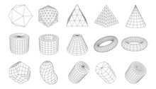 A Set Of Geometric Shapes From A Wireframe. A Collection Of Miscellaneous Objects For Use In HUD Design. Network Line Concept. Creative Abstract Geometric Shapes. Vector Illustration.