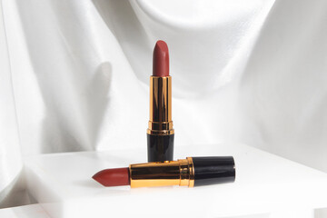 mockup of lipstick cosmetic makeup product, branding of beauty fashion, red rose lips on white backg