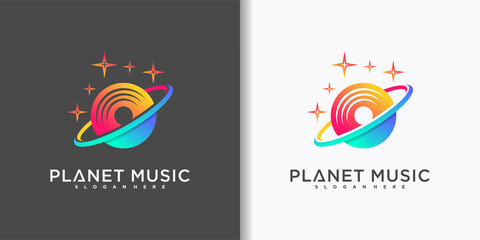 Music planet logo design template with abstrcak element design Premium vector