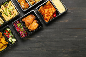 Sticker - Lunch boxes with delicious food on dark wooden background