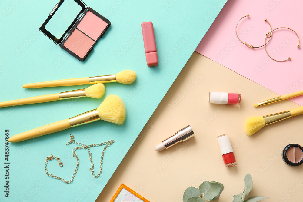 Makeup cosmetics on color background