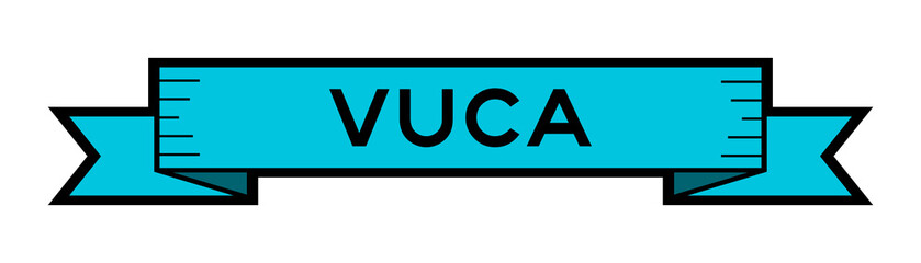 Sticker - Vintage blue color ribbon banner with word VUCA (abbreviation of Volatility, uncertainty, complexity and ambiguity) on white background