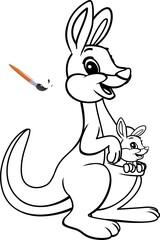 Wall Mural - Coloring page. Happy kangaroo with baby in the pocket. Vector illustration.