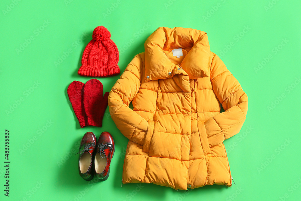 Winter jacket, hat, mittens and shoes on green background
