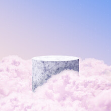 Romantic Geometric Podium Platform. Cylinder For Display Product Scene With Clouds Around It. Light Background Dreamy Sky. Stage Showcase Cosmetic. 3D Render