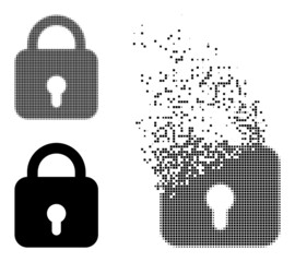 Dispersed dot lock vector icon with destruction effect, and original vector image. Pixel defragmentation effect for lock demonstrates speed and motion of cyberspace objects.