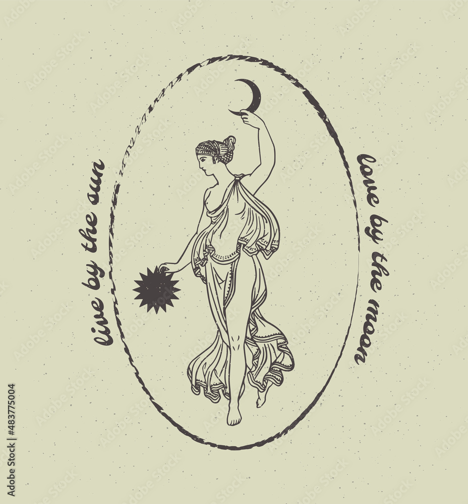 Greek goddess with sun and moon: live by the sun, love by the moon Stock  Vector | Adobe Stock, image size:928x1000