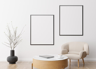 Wall Mural - Two empty vertical picture frames on white wall in modern living room. Mock up interior in contemporary style. Free space for picture, poster. Armchair, table, vase. 3D rendering.