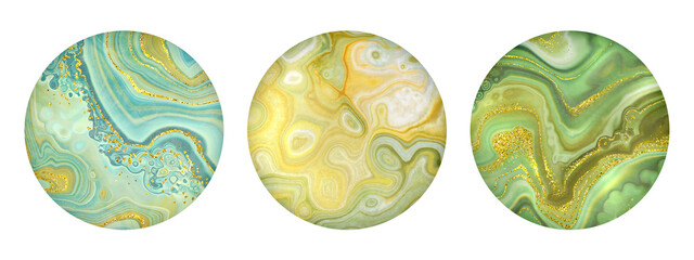 Wall Mural - abstract round sticker collection, planet clip art isolated on white background, mint green and yell