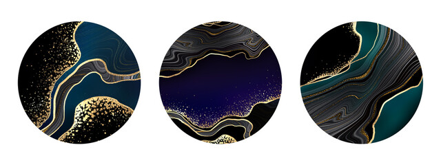 set of round abstract labels with marbling textures, black and gold agate marble decor with golden veins and glitter, artificial stone texture collection, japanese kintsugi technique