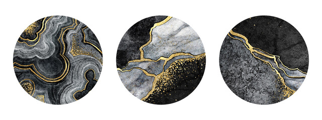 Wall Mural - collection of round labels with artificial marble and agate designs, fake painted stone texture with