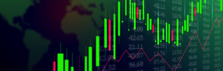 Banner of Stock market chart on world map background. Colorful Technical analysis with candle stick graph chart and numbers.