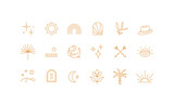 Fototapeta Boho - Boho linear icon set. Celestial and natural design elements, perfect for web, cover stories, printing, tattoes and posts. Golden icons. Isolated vector symbols on white background.