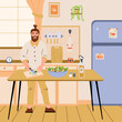 © Den VIII - Man cooking in kitchen. Bearded male chef cutting vegetables for salad. Person preparing food. Man cooking at home. Cartoon vector illustration isolated on white