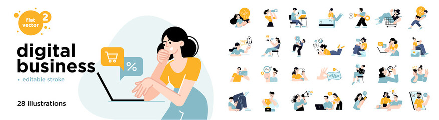 Wall Mural - Digital business concept illustrations. Set of flat design vector illustrations of men and women in various activities of online business, e-commerce, communication, marketing. 