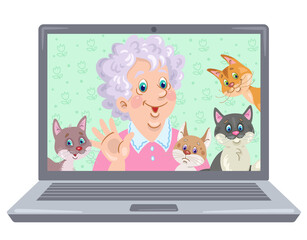 Poster - Happy grandmother with four funny cats on a laptop screen. Video chat online. Internet communication. In cartoon style. Vector illustration