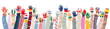 Arms Raised Up Of Multicultural Children Who Have Palms Colored With The Flags Of Various Nations And Countries. Group Of Multiethnic Children And Infants Of Different Culture. Community