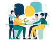 © Viktoria Kurpas - workshop talk workers people are sitting at negotiating table, vector collective thinking and brainstorming, company information analytics Vector illustration