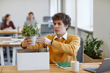 Wall Mural - Portrait of young man settling at new job and putting plant on workplace, career and recruitment concept, copy space