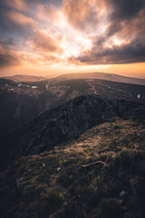 Fototapete - Sunset from the highest Czech mountain Snezka