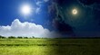 Opposites in nature: day and night, light and darkness, sun and moon above green field. Passing of time and changes concept image.