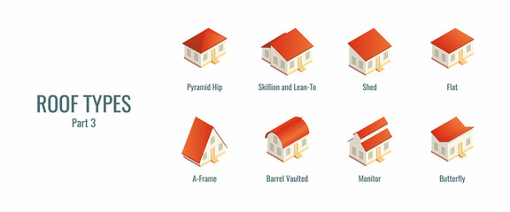 Isometric vector illustration roof types isolated on white background. Modern types of roofs icon set in flat cartoon style. Isometric houses.