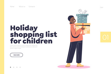 Wall Mural - Holiday shopping list for children concept of landing page with happy small boy holding heap of gift