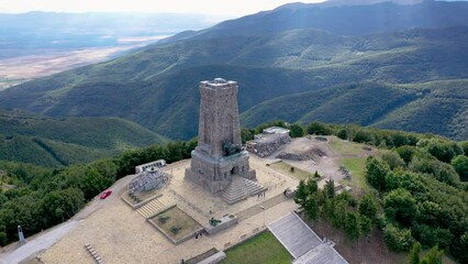 Wall Mural - Drone footage of Freedom Monument on a Stoletov on Shipka mountain pass in Balkan Mountains, Bulgaria