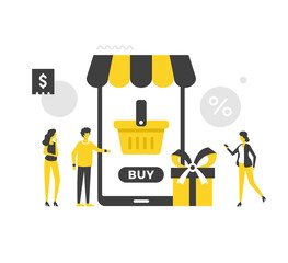 Wall Mural - mobile shopping, online shopping. flat vector illustration. people and mobile phone with shopping ap