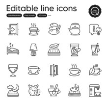Set Of Interiors Outline Icons. Contains Icons As Night Mattress, Tea Mug And Espresso Elements. Entrance, Mattress, Lamp Web Signs. Open Door, Sleep, Tea Cup Elements. Teapot. Vector