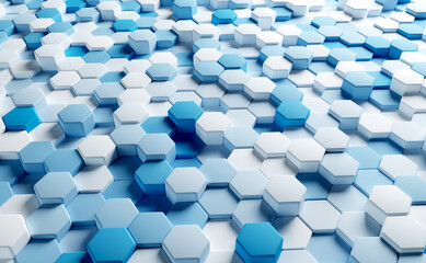 Wall Mural - Hexagons, rendering 3D illustration. Abstract background, business, science concept. 