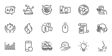 Outline set of Pyramid chart, Air fan and Light bulb line icons for web application. Talk, information, delivery truck outline icon. Include Sick man, Documents, Recovery phone icons. Vector