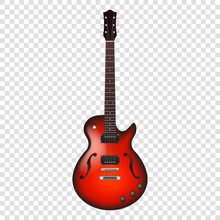 Stylish Acoustic Guitar Red With Mexican Ornament. Realistic String Instrument Template For Design