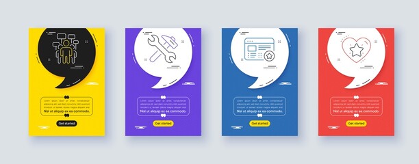 Set of Voting campaign, Favorite and Repair line icons. Poster offer frame with quote, comma. Include Ranking star icons. For web, application. People rally, Star feedback, Fix service. Vector