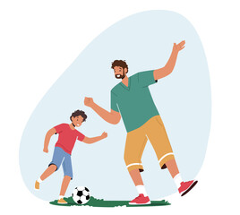 Wall Mural - Happy Family Characters Father and Son Playing Soccer on Field. Dad with Little Boy Spend Time Together, Having Fun