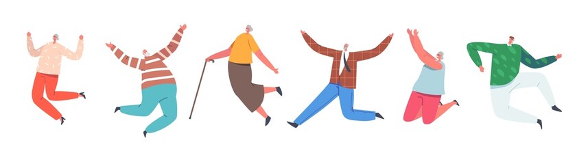 Wall Mural - Happy Senior People Group Jumping with Raised Hands. Elderly Men and Women in Light Casual Clothes Joy and Happiness