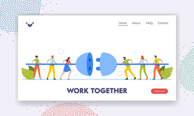 Wall Mural - People Work Together Landing Page Template. Tiny Characters Connecting Huge Plug. Men and Women Connecting Power Socket