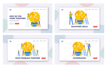 Wall Mural - People Cooperation Landing Page Template Set. Businesspeople Teamwork, Office Employees Solve Problems Together