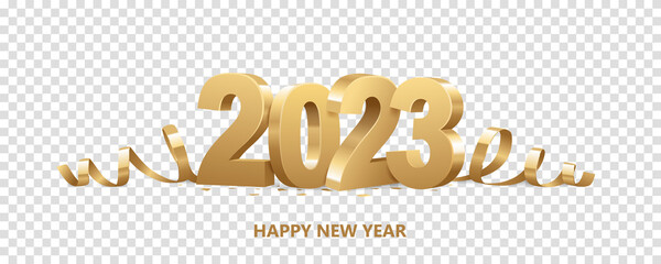 happy new year 2023. golden 3d numbers with ribbons and confetti , isolated on transparent backgroun