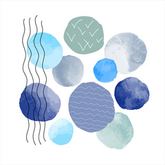 Wall Mural - Round spots, blue watercolor stains, shapes, grunge brush strokes collage, uneven watercolor circles composition. Water, sea related abstract illustration with doodle style hand drawn waves, scribbles