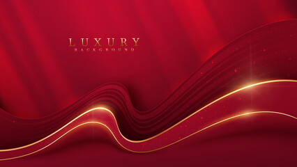 Red luxury background with golden curve elements and glitter light effect decoration.