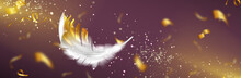 White Feather With Gold Glitter On Defocused Background With Light Beam And Sparks And Confetti. Vector Design With Realistic Golden Colored Bird Or Angel Quill, Soft Fluffy Plume Flying In Sun Ray