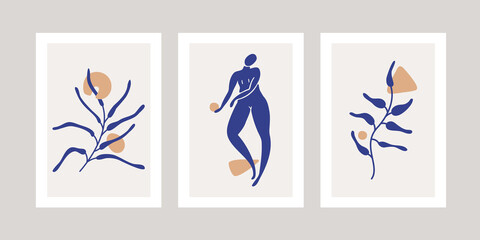 Set of three abstract posters with one woman silhouettes and abstract branches painted in the Henry Matisse style.