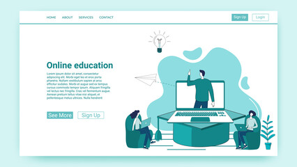 Online education.People on the background of a large laptop get an education using an Internet connection.An illustration in the style of a green landing page.