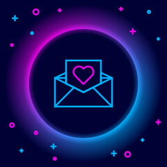 Sticker - Glowing neon line Envelope with Valentine heart icon isolated on black background. Message love. Letter love and romance. Colorful outline concept. Vector