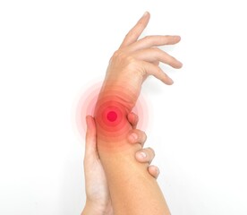 Wall Mural - Pain in wrist joint of Asian young man. Concept of hand pain, rheumatoid arthritis and arm problems.