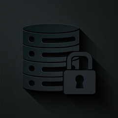 Poster - Paper cut Server security with closed padlock icon isolated on black background. Security, safety, protection concept. Paper art style. Vector