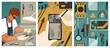 Mobile phone repair concept vector posters set. Man fix broken smartphone. Maintenance and smart phone repair service. Man using screwdriver to disassemble and fix telephone. Technical tools